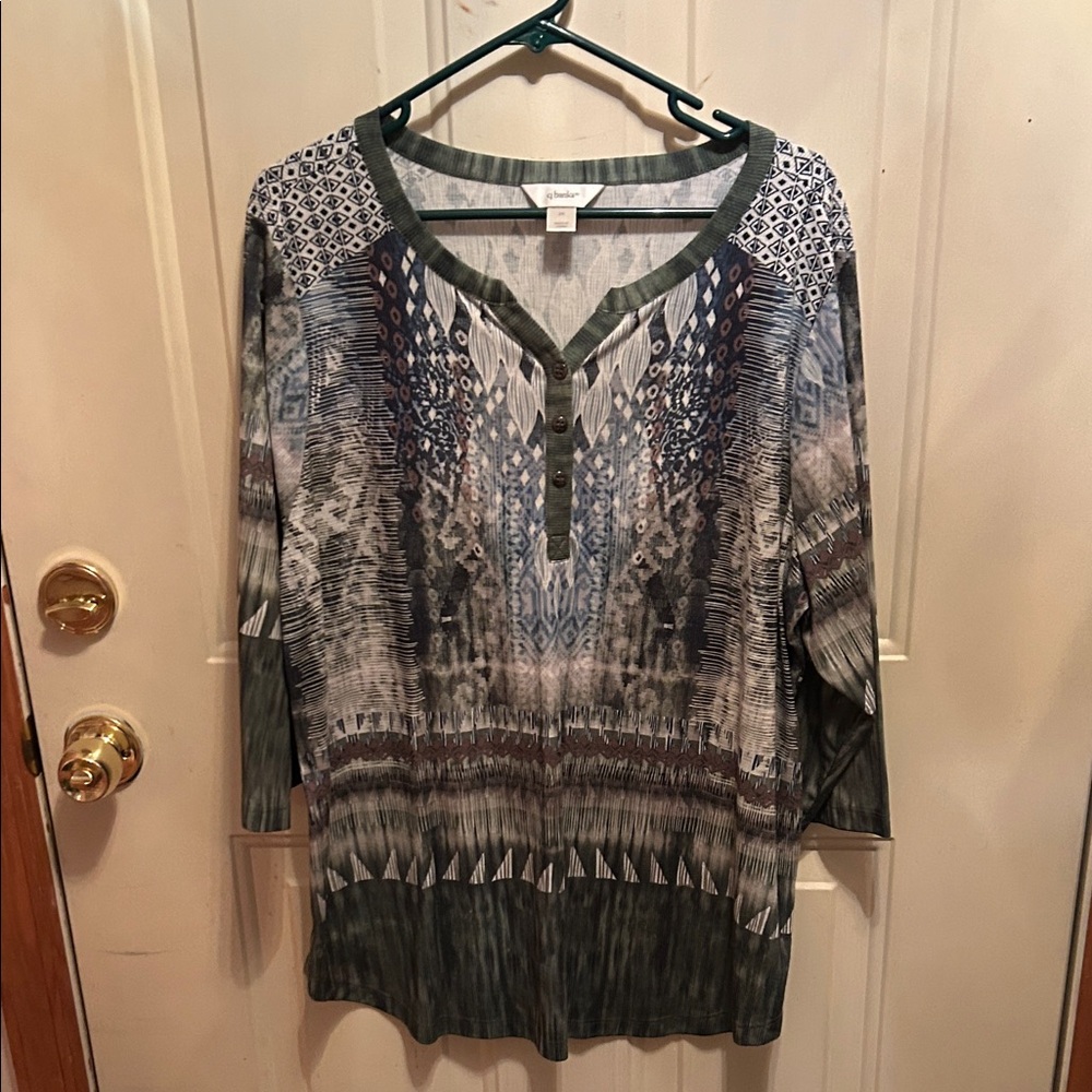 CJ Banks Blue and Gray Patterned Tunic